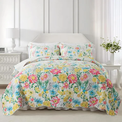 Vista 26 de NEWLAKE - Juego de cubrecama reversible de microfibra bordada con patrón floral en relieve en jacquard beige, tamaño queen