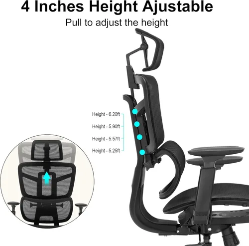 Vista 5 de Silla de oficina ergonómica, silla de escritorio con altura ajustable, soporte lumbar, sillas de computadora de malla con respaldo alto