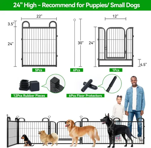 Vista 3 de Corralito para cachorros, 6 paneles de valla para perros pequeños, uso en interiores y exteriores, 24 pulgadas de altura, antioxidante, con puertas