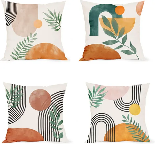 Vista 16 de juego de 4 fundas de almohada bohemias grises y azules de 20 x 20 pulgadas, fundas de almohada geométricas abstractas de estilo moderno de mediados