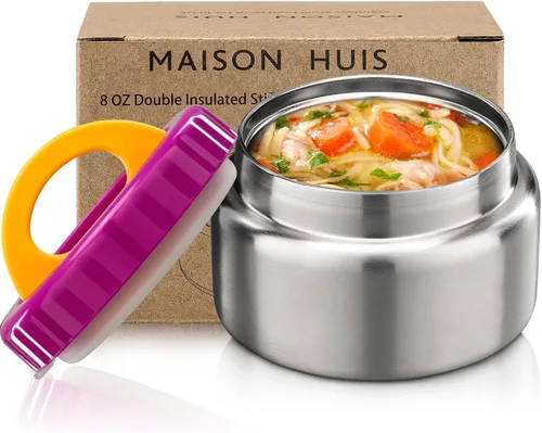 Vista 7 de MAISON HUIS Termo de sopa de 8 onzas con boca ancha, aislado al vacío, de acero inoxidable, para alimentos calientes y fríos, recipiente de almuerzo