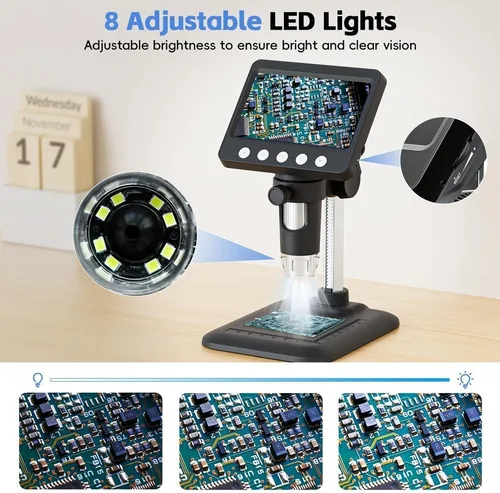 Vista 4 de Microscopio digital de 4.3 pulgadas para adultos, microscopio de moneda SKYEAR 1000X con 8 luces de relleno LED ajustables, microscopio USB