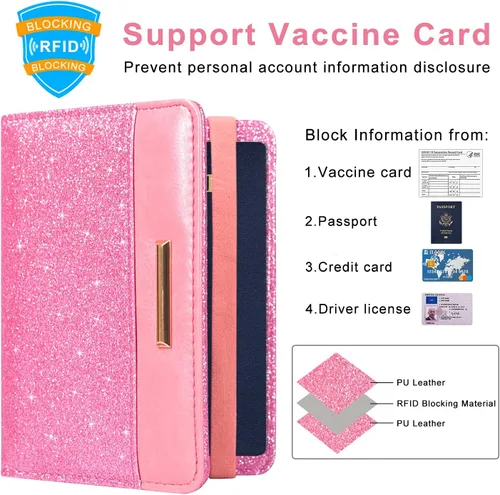 Vista 3 de Caweet Funda para tarjeta de vacunación, portapasaporte, cartera de cuero para tarjetas de vacunación con cierre de banda elástica, Rosa