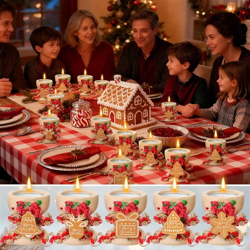 Vista 6 de Paquete de 25 velas de Navidad para regalo, tarro rústico de velas de Feliz Navidad, velas de té a granel con soporte de madera natural, decoración