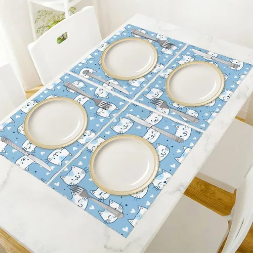 Vista 5 de Cute Light Blue Cat Placemats Set of 6 Resistant Table Mats Washable Place Mats for Dinner Party Table Decoration