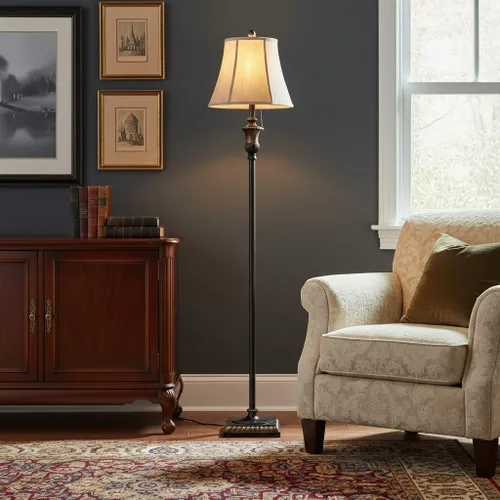 Vista 2 de Brightech Sophia LED Floor Lamp, Tall Mid-Century Modern Lamp with Bell Shape Fabric Shade, Great for Bedroom & Living Room Decor - Bronze