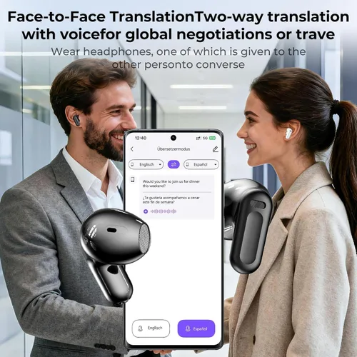 Vista 5 de Auriculares de traducción AI NE20 en tiempo real, traductor de idiomas con pantalla táctil LCD 6 modos de traducción Audifonos Traductores Inglés