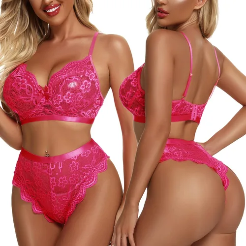 Vista 2 de KYLELOVE Conjunto de lencería para mujer conjunto de brasier y bragas inalámbricos trajes de boudoir de encaje