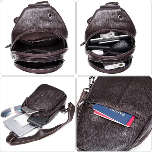 Vista 4 de Crocodile Leather Sling Bag with Leather Strap, 3 Zipper Crossbody Shoulder Bags for Travel Hike Everyday Carry