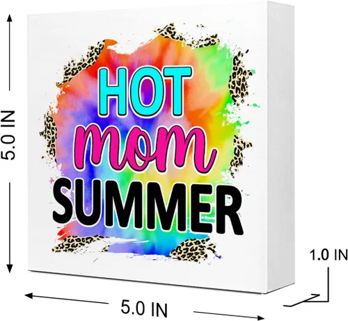 Vista 2 de Letrero de madera de verano con texto en inglés "Hot Mom", diseño rústico de leopardo de verano, decoración de escritorio para casa costera, playa