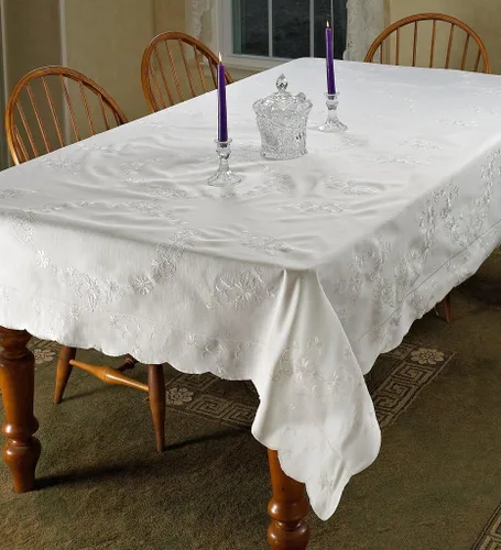 Vista 4 de Violet Linen Mantel de diseño renacentista bordado blanco/blanco, 70 x 120 pulgadas