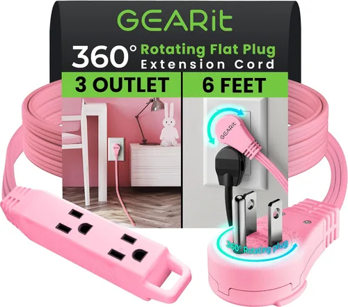 Vista 47 de GEARit Cable de extensión corto con enchufe plano giratorio de 360° y 3 tomas (2 pies, gris) 16AWG/13A Cable de 3 clavijas, Protector de toma
