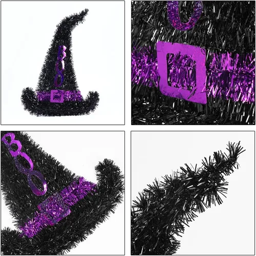 Vista 5 de VANZACK 2 sombreros de bruja de Halloween para colgar en la pared, decoración de pared de sombrero de bruja de oropel, decoración de pared