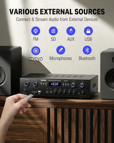 Vista 2 de Donner, amplificador de audio estéreo Bluetooth 5.0, receptor de 4 canales, 440 W de potencia máxima, receptor estéreo para cine en casa con USB