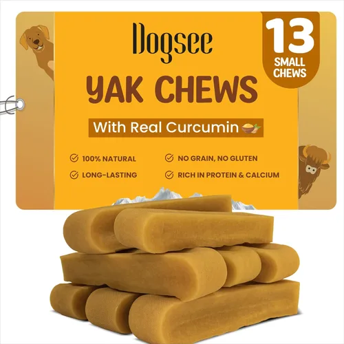 Dogsee Queso de yak del Himalaya con cúrcuma de 1 libra (pequeño - 13 piezas) | Golosinas sin piel cruda para perros pequeños | Apoya la salud de
