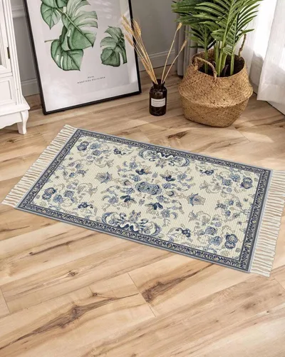 Vista 2 de Tassel Hand Woven Area Rug Retro Bohemia Navy Blue Pattern Entryway Rugs Washable Throw Mat,Tassel Carpets for Livingroom Kitchen Bedroom Dorm Decor