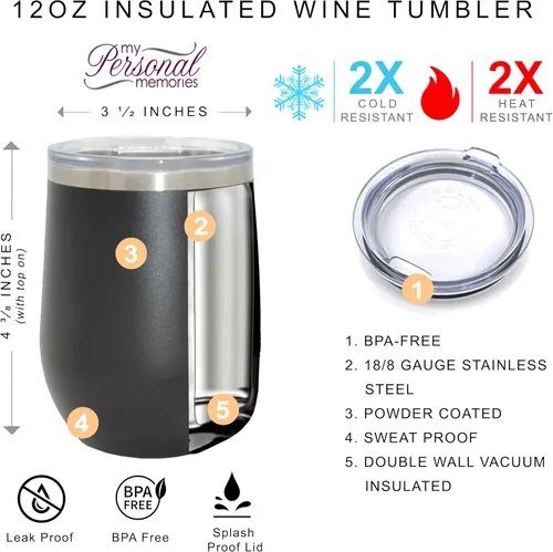 Vista 3 de My Personal Memories Mr and Mrs - Juego de 2 vasos térmicos para vino de 12 onzas (negro, blanco)