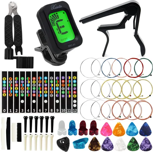 Anvin Kit de accesorios para guitarra acústica, incluye cuerdas de guitarra, afinador, cejilla, herramienta de encordado, soporte para púas,