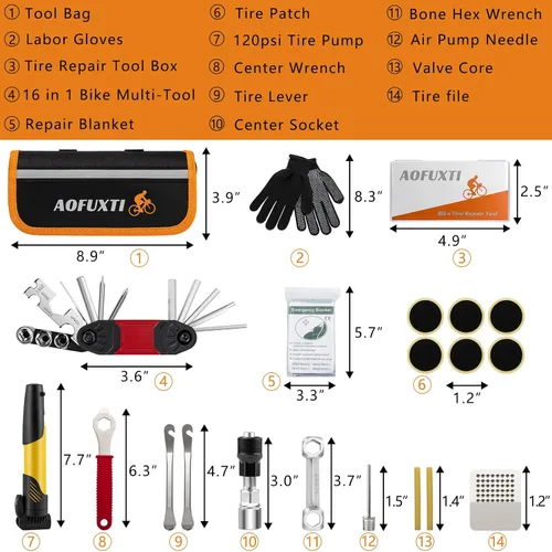 Vista 7 de Kit de reparación de parches de neumáticos de bicicleta, llave de reparación de cadena de bicicleta, mini bomba esencial, kit de herramientas