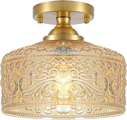 Vista 14 de Lámpara de techo semiempotrada dorada, lámpara de techo de latón antiguo con vidrio, lámpara de interior cerca del techo, accesorios de luz