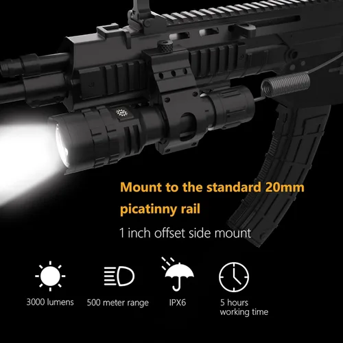Vista 2 de POVAST Linterna Picatinny, linterna táctica LED para riel de rifle con interruptor de presión, luz impermeable de 3000 lúmenes, linterna recargable