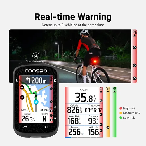 Vista 3 de COOSPO Luz trasera de radar de bicicleta TR70, alertas para vehículo en 140M, resaltado de freno automático, 7 modos de iluminación, batería