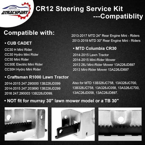Vista 3 de 753-11064B CR12 Kit de servicio de dirección Piñón, Compatible con Cub Cadet CC30 CC30H CC30E Electric Hydro Mini Riders, MTD Columbia CR30