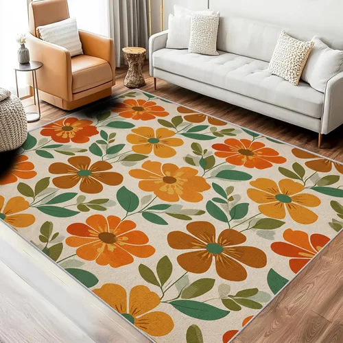 Boho Flower Throw Rugs for Entryway 2x3, Orange Floral Indoor Door Mat, Vintage Botanical Pattern Design Small Carpet, Washable Non Slip Soft