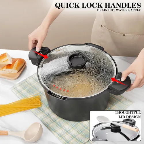 Vista 4 de Olla para pasta de 8.5 cuartos con tapa de colador, olla de aluminio fundido multipropósito, revestimiento de cerámica antiadherente que hace que