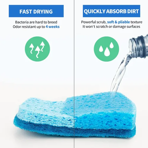 Vista 4 de Esponjas de limpieza de celulosa sin rayones, paquete de 12, esponjas de cocina con diseño de doble cara y ergonómico para platos, utensilios