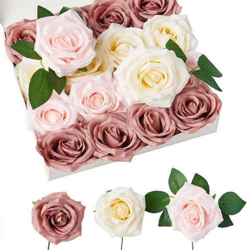 Vista 11 de Flores artificiales de rosa, rosas artificiales, rosas de seda, rosas falsas de aspecto real con tallos para manualidades, ramos de boda, centros