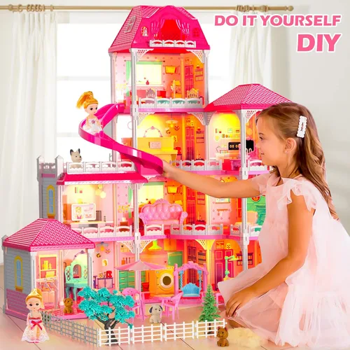 Vista 6 de Casa de Muñecas Doloowee para Niñas, Casa de Muñecas de 4 Pisos y 10 Habitaciones con 2 Princesas, Tobogán y Accesorios, Juego de Juguete para Casa