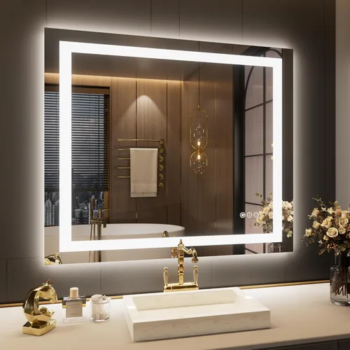 Vista 72 de LOAAO Espejo de baño LED de 28 x 36 pulgadas con luces, antiniebla, regulable, retroiluminado + iluminado frontal, espejo de tocador de baño