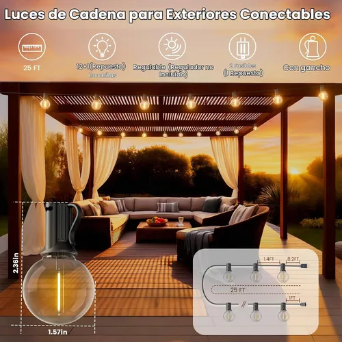 Vista 2 de RTTY Luces de Cadena para Exteriores de 25 pies, Luces Globo LED G40 para Patio con 13 Bombillas de Plástico, Irrompibles Impermeables Conectables