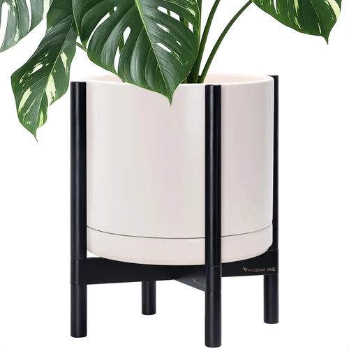 Vista 97 de D'vine Dev Maceta de cerámica con soporte de ébano – Maceta redonda moderna de 8 pulgadas con soporte para maceta de madera, color negro, 55-B-M-2