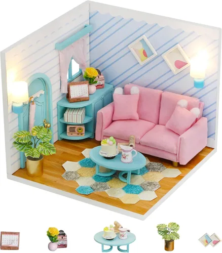 Vista 14 de Kit de casa de muñecas en miniatura de Kisoy con muebles, kit de casa de madera 3D para hacer tú mismo en un rincón de estilo apartamento pequeño