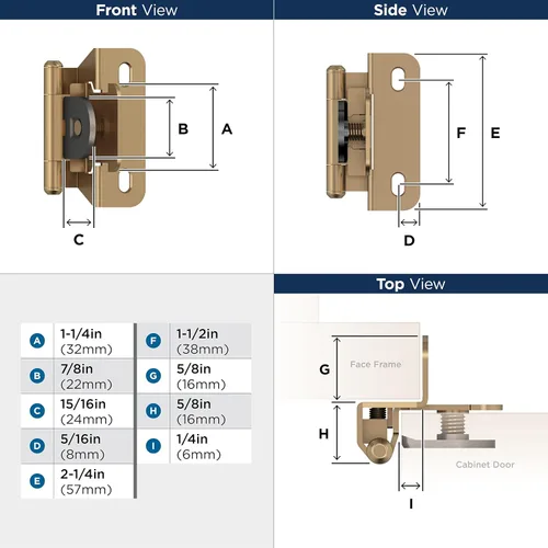 Vista 4 de Amerock BPR8701CZ Bisagra para gabinete Superposición doble desmontable de 1/4 pulgada (6 mm) Bronce champán Bisagra para puerta de gabinete