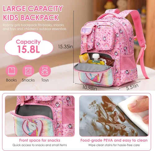 Vista 3 de Mochila para niñas de 5 a 8 años para jardín de infantes y escuela primaria Rosa