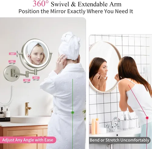 Vista 5 de Espejo de maquillaje montado en la pared con luces, aumento de doble cara 30X/1X, espejo de tocador iluminado con 3 modos de color, brillo