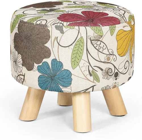 Vista 17 de Asense Taburete otomano redondo pequeño con reposapiés acolchado de tela con patas de madera (beige gris, tela)