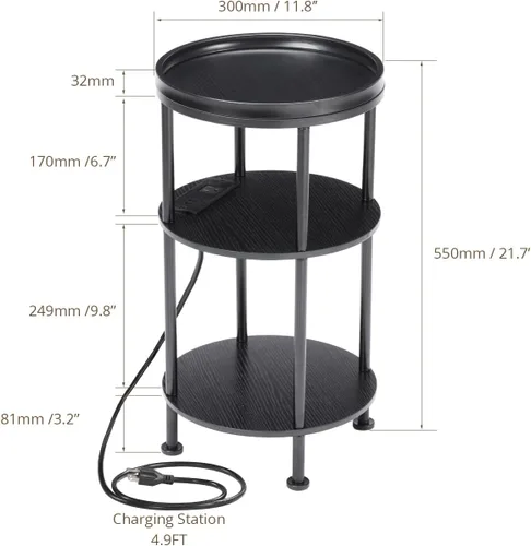 Vista 2 de Mesa auxiliar redonda pequeña con estación de carga para espacios pequeños, mesa decorativa de 3 niveles con puertos USB y tomas de corriente, mesa