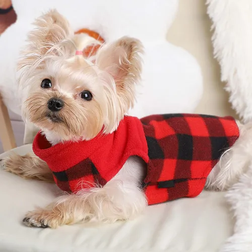 Vista 3 de Chaleco de forro polar con estampado a cuadros rojos, suéter de invierno para mascotas para perros pequeños, niños y niñas, suéter cálido