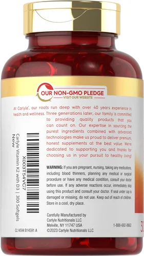 Vista 3 de Suplemento de vitamina K2 D3 de Carlyle 300 cápsulas blandas 200 mcg K2 MK7 y 10,000 UI D3 Sin GMO, sin gluten