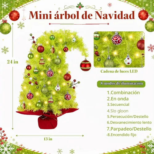 Vista 3 de Mini árbol de Navidad caprichoso de 2 pies con luces, bolas de bayas, 8 Verde lima