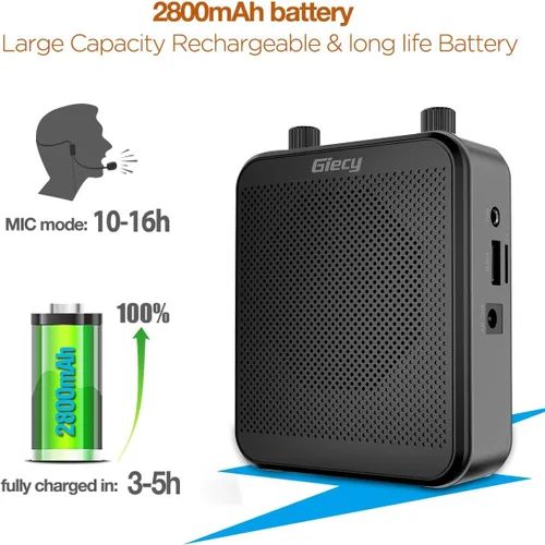 Vista 4 de Amplificador de voz portátil, Giecy 30W 2800mAh Bluetooth recargable amplificador de voz personal con auriculares con micrófono, altavoz de sistema