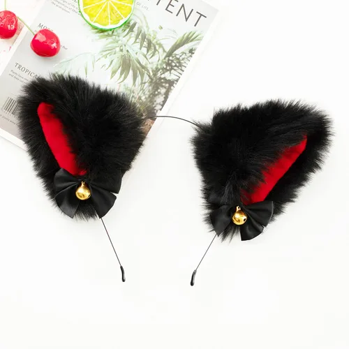 Vista 3 de Diadema de orejas de perro y gato de piel sintética con campanas, accesorio para el cabello flexible y encantador accesorio para el cabello