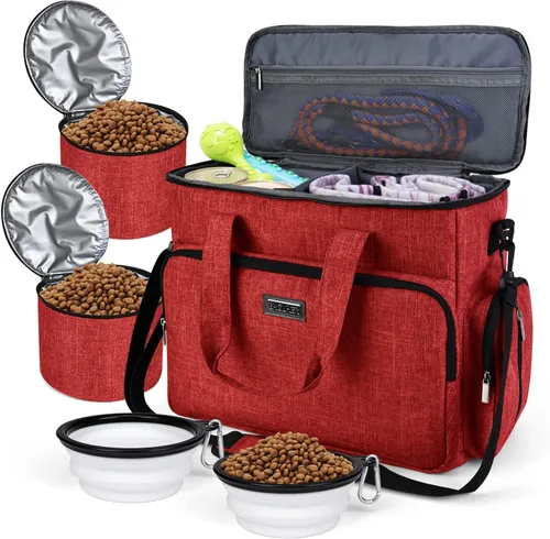 Vista 9 de BAGLHER Bolsa de viaje para perros, bolsa de viaje para mascotas (todos los suministros de viaje para mascotas), con 2 recipientes de comida