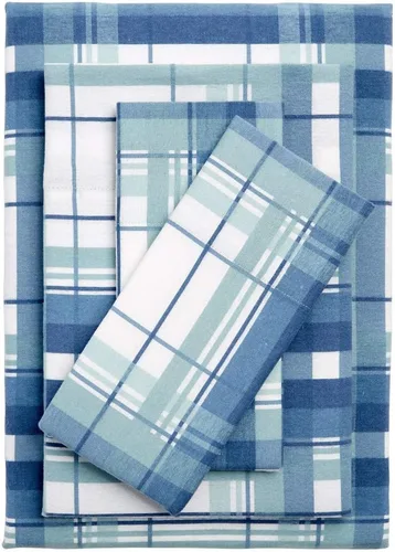 Juego de sábanas clásicas de algodón azul a cuadros de 4 piezas de alta calidad, para todas las estaciones, cómodas, cálidas, acogedoras, suaves,