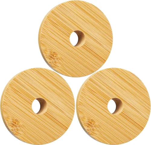 Vista 7 de Tapas de bambú para vasos de vidrio, tapas de madera para latas de cerveza de 16 oz con agujero para pajilla, cubierta de repuesto para tarros Mason