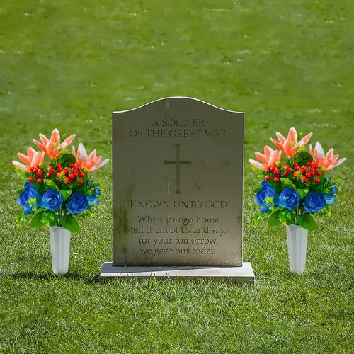 Vista 5 de XONOR Flores artificiales de cementerio para tumba, juego de 4 flores artificiales, ramo de flores conmemorativas con jarrón para cementerio al aire